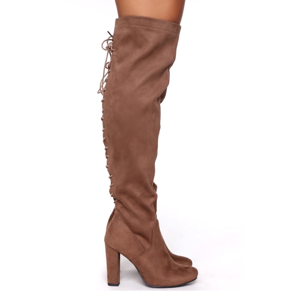 Fashion Nova Brown Suede Over The Knee Lace Up Boot Block Heel Zola Vonnie Boot - Picture 3 of 16